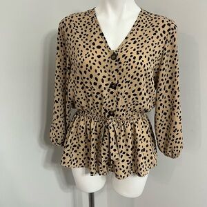 Tan and Black Peplum Blouse with 3/4 Sleeves and Notched Collar